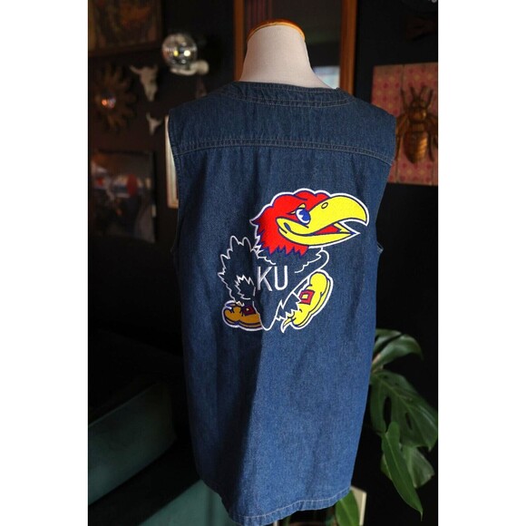 Vintage Haik's KU Kansas Jayhawks Embroidered Back Patch Denim V-Neck Vest M - Picture 1 of 12
